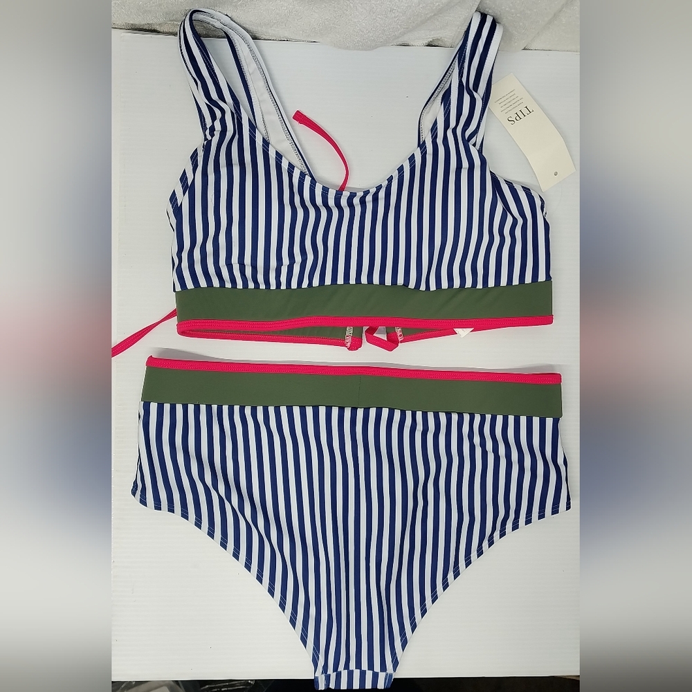 Saodimallsu Striped Blu & White  Bikini Set with Red Accents